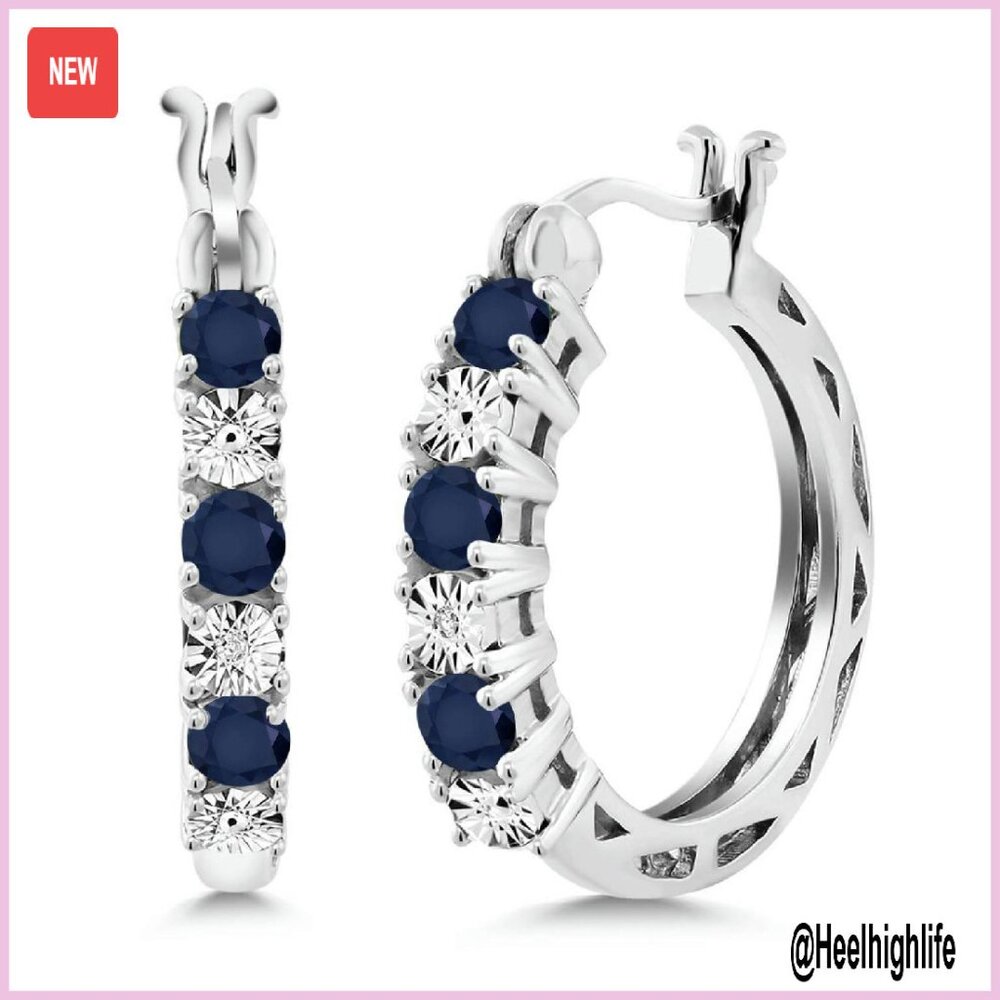 Sterling Silver Hoop Earrings With Sapphire & Diamond Accents 22mm